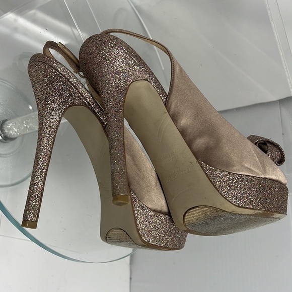 Enzo Angiolini Sz 8.5M Taupe Beige Satin and Glitter Peep Toe Stiletto Heels - Picture 5 of 11